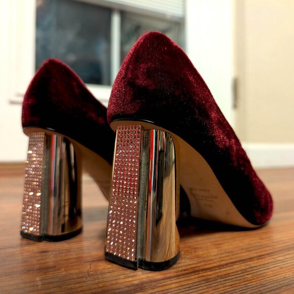 Kate Spade Sybil Burgundy Velvet Pumps with Rhinestone Block Heels Vero Cuoio - Picture 2 of 14